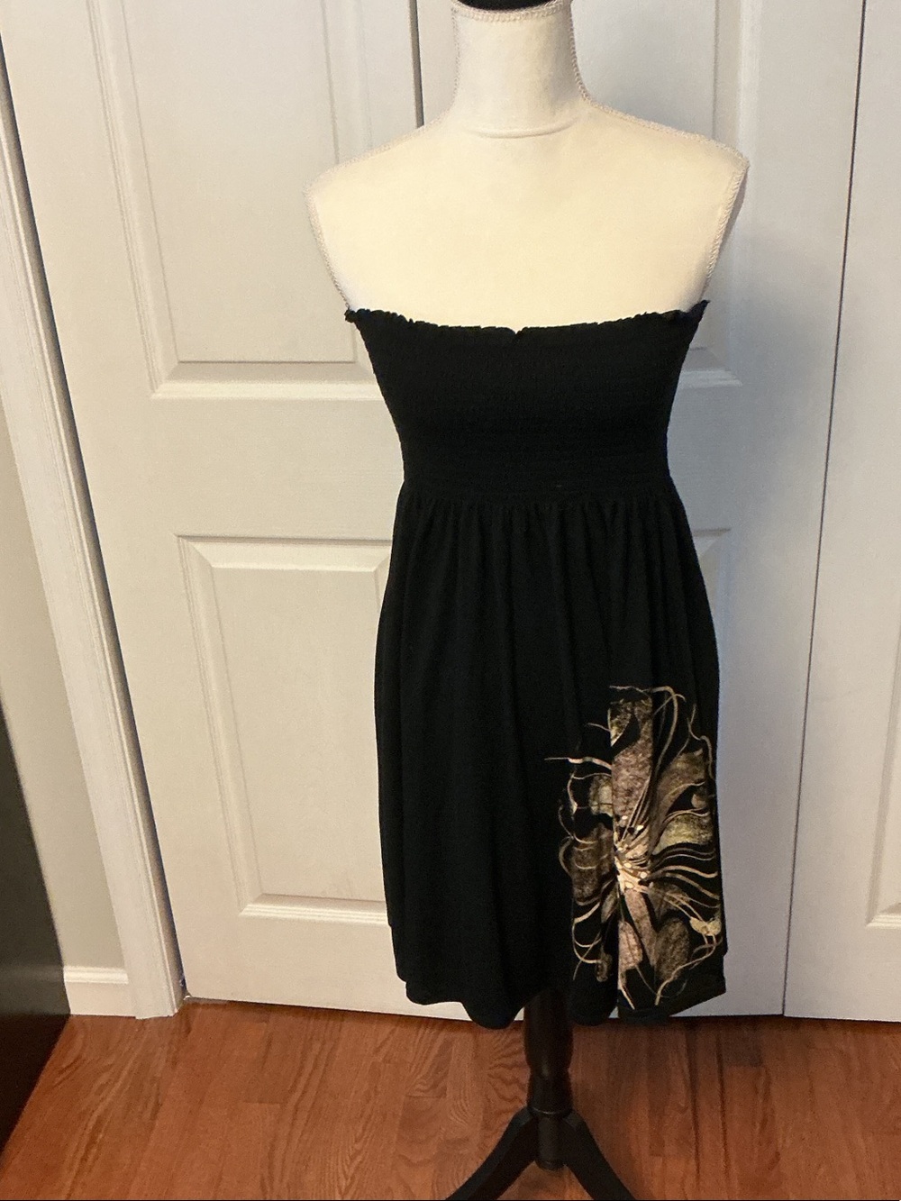 Derek Heart Black Strapless Smocked Dress with Gold Floral Accent